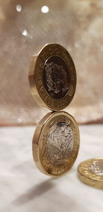 Close-up of coins on table