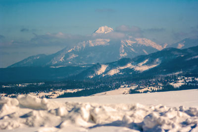 Aerial view of snowcapped mountains against sky