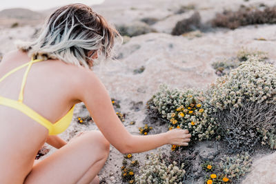 Rear view of woman touching flower on beach