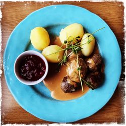 High angle view of breakfast served on table