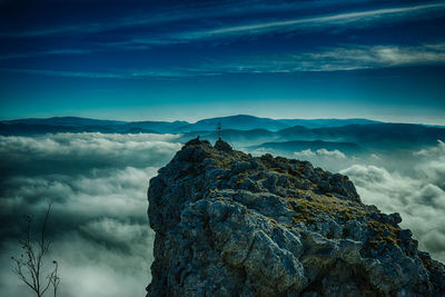 High angle view of rocky mountain against sky at reichenau an der rax