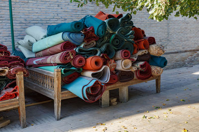 Carpets for sale at a street market in samarkand, uzbekistan