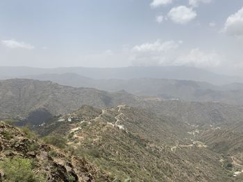 High angle view of land against sky