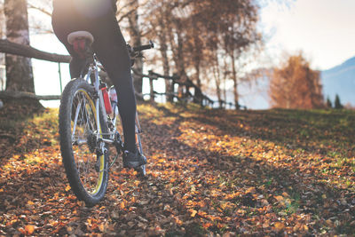 Man riding bicycle on field during autumn