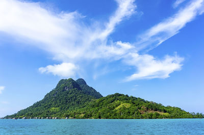 Scenic view of sea and mountains against sky