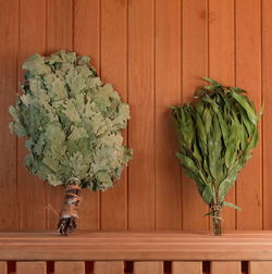 Two dry brooms on a shelf in the sauna. birch and eucalyptus brooms for the steam room. square photo