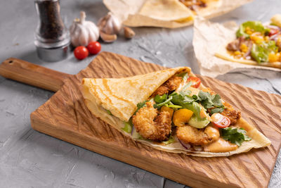 High angle view of food on cutting board