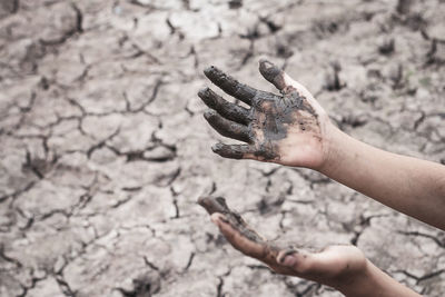 Cropped image of dirty hands over cracked field