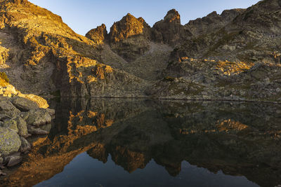 Reflection of rocks in lake against sky