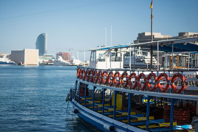 Boats in river against clear sky