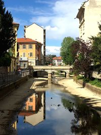 Reflection of building in puddle against sky