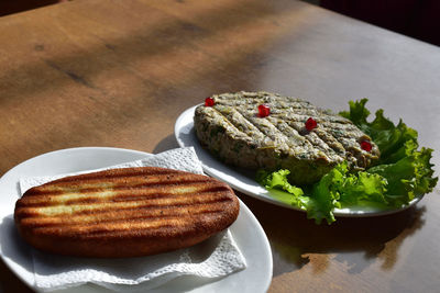 High angle view of breakfast on table