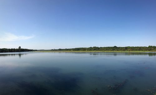 Scenic view of lake against clear blue sky