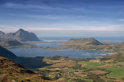 Scenic view of sea and mountains against sky