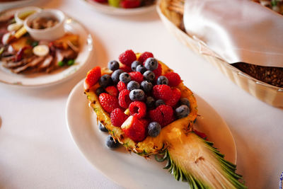 High angle view of dessert in plate on table