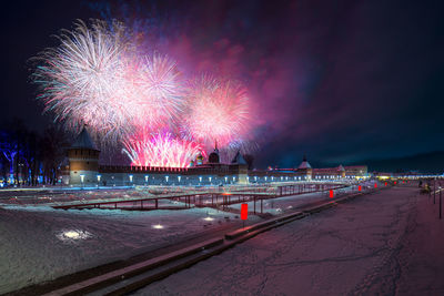 Winter night fireworks over kremlin and upa quay in tula, russia at 2019.