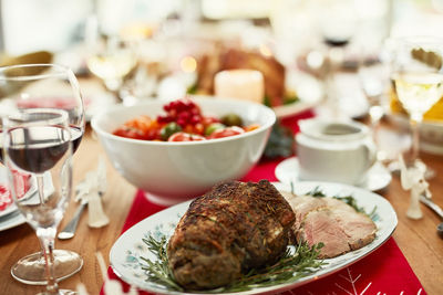 Close-up of food served on table