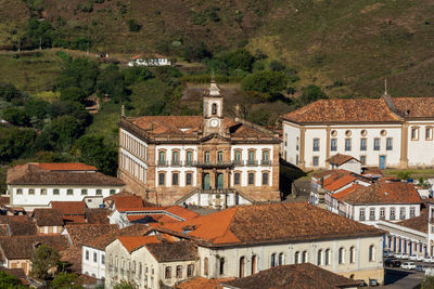 High angle view of buildings in town