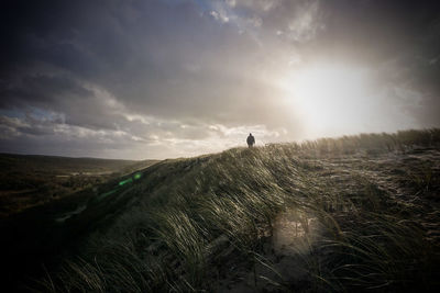 Man on field against sky