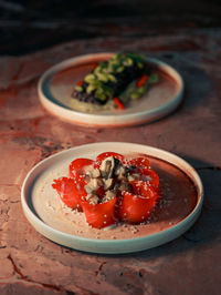 High angle view of food in plate on table