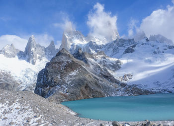 Panoramic view of snowcapped mountains against sky