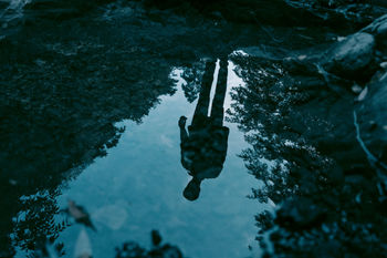 Reflection of man and trees on water