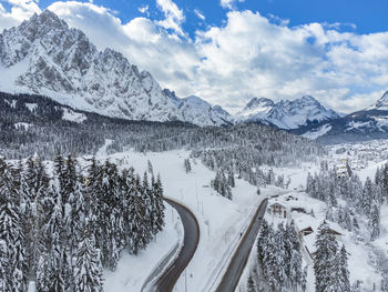 Scenic view of snowcapped mountains against sky