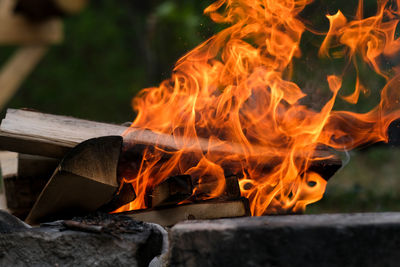 Close-up of fire on wood