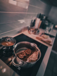 High angle view of dessert in glass on table