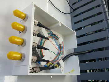 High angle view of telephone booth on table