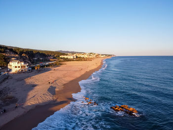 High angle view of beach against clear blue sky