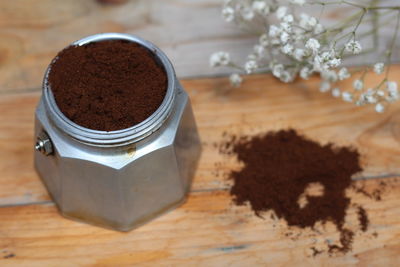 High angle view of coffee on table