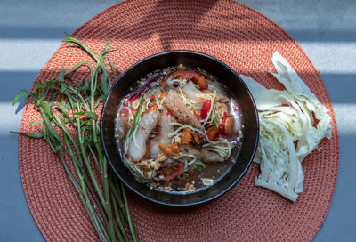 High angle view of noodles in bowl on table