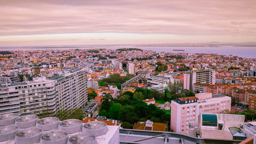 High angle shot of townscape against sky