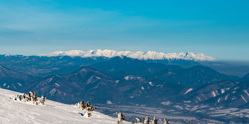 Scenic view of snowcapped mountains against sky