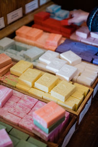 High angle view of candies for sale at market