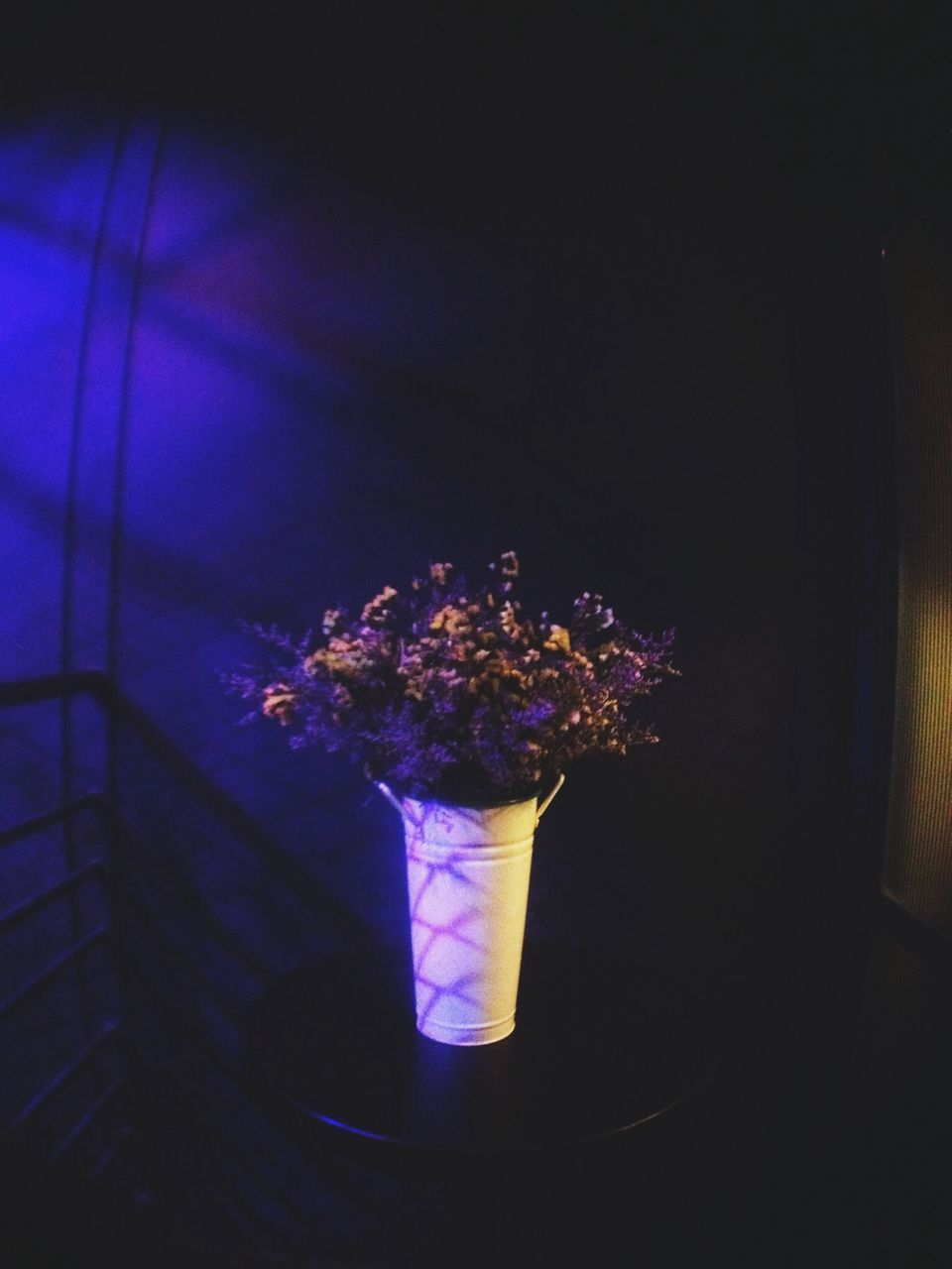 flower, indoors, illuminated, night, purple, celebration, decoration, lighting equipment, dark, pink color, freshness, fragility, home interior, vase, copy space, multi colored, close-up, bunch of flowers, light - natural phenomenon, high angle view
