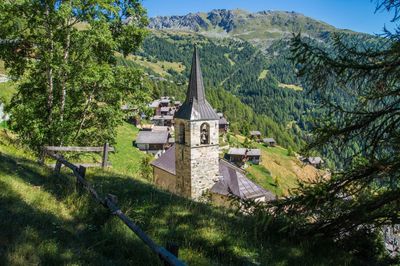 View of church and village in the mountains