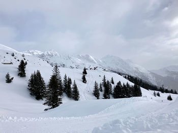 Scenic view of snow covered mountains against sky