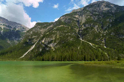 Scenic view of lake and mountains against sky