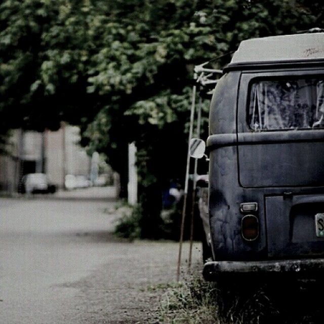 transportation, land vehicle, mode of transport, car, tree, focus on foreground, building exterior, old, outdoors, street, day, built structure, road, old-fashioned, selective focus, close-up, abandoned, no people, stationary, part of