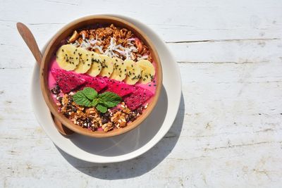 High angle view of food in bowl on table