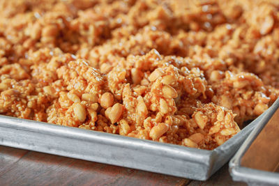 Close-up of dessert in tray on table