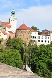 Trees and buildings against sky