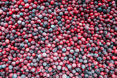 Abstract background made from frozen red cranberries. top view