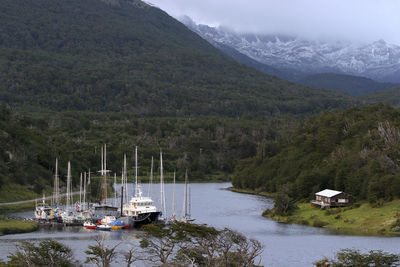 Scenic view of lake by mountains against sky