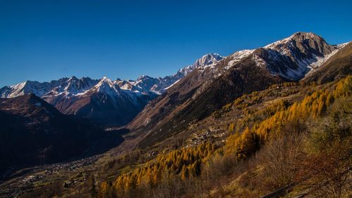 Scenic view of mountains against clear blue sky