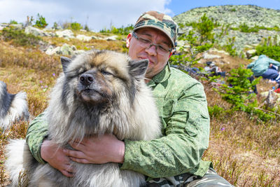 Friendship between man and dog. walking trips with pets