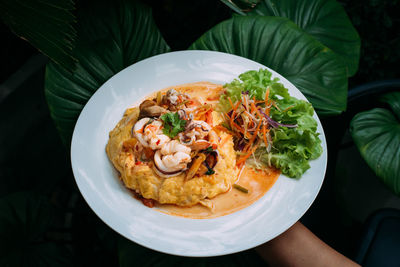 High angle view of food served in plate