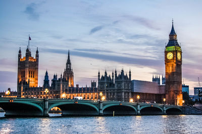 Illuminated big ben and houses of parliament by westminster bridge during sunset